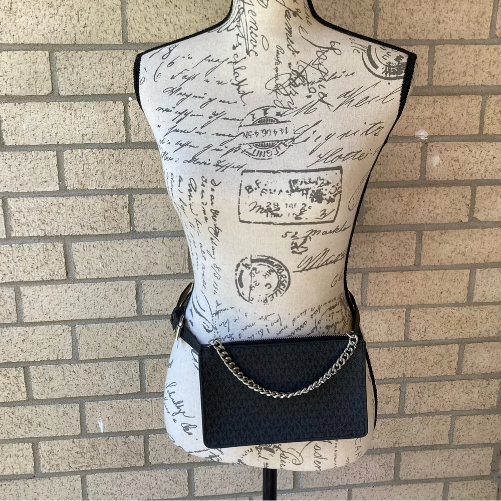 Michael Kors Black Logo Print Belt Bag Fanny Pack With Silver Pull Chain Small